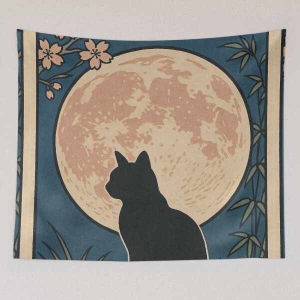Item preview, Black Cat Beneath the Full Moon — Japanese Woodblock–Style with Cherry Blossoms designed and sold by Teequeque.