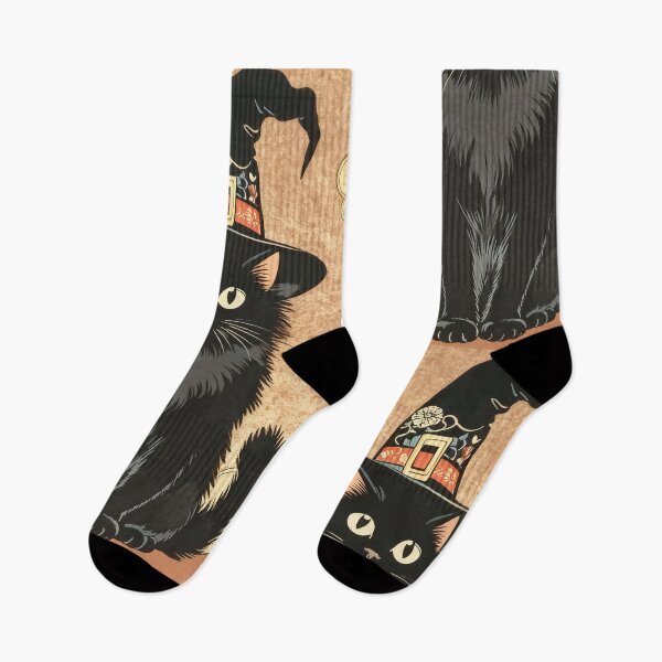 Item preview, Fluffy Black Cat in Witch Hat — Ornate Japanese Woodblock–Style Halloween Print designed and sold by Teequeque.