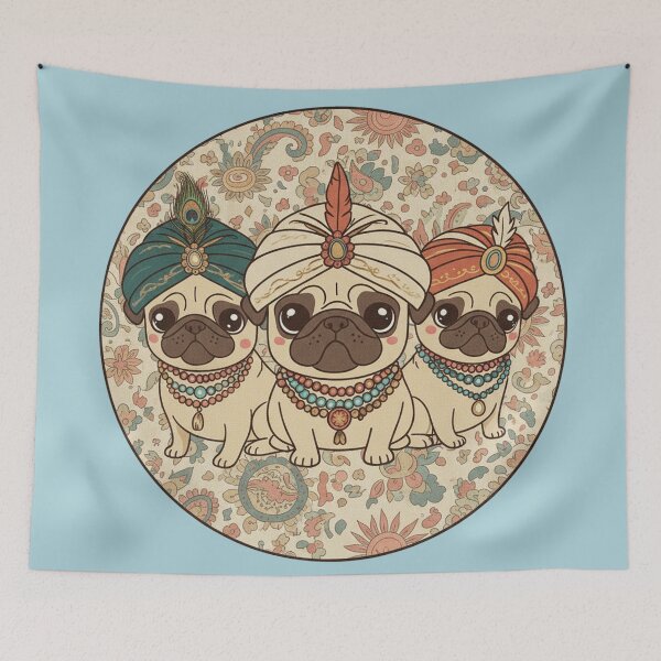 Item preview, Royal Pugs with Turban - Kawaii Vintage Bohemian Style designed and sold by EsenciaZen.