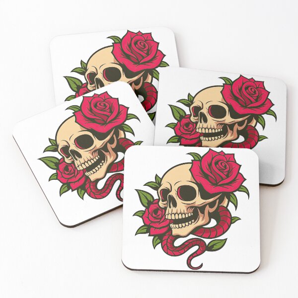 Item preview, Skull with Red Roses and Snake Tattoo-Inspired Art designed and sold by ArtfulWeave.