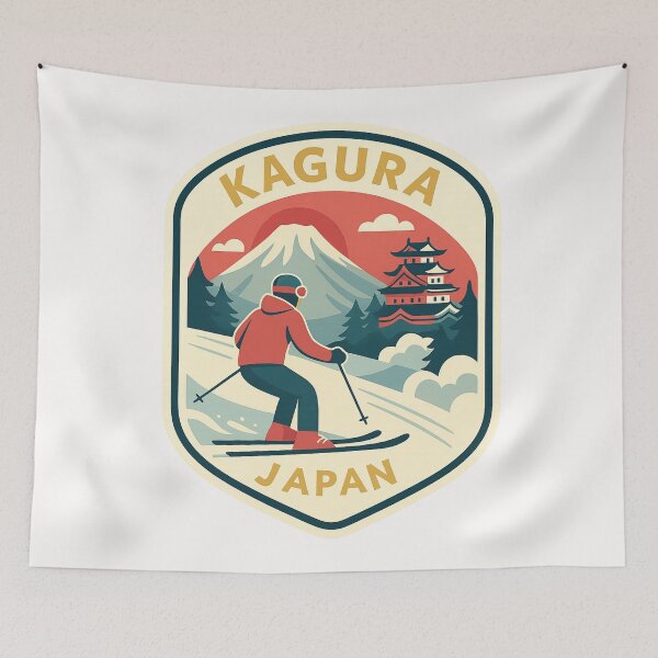 Item preview, Kagura Japan – Skier With Mount Naeba and Japanese Pagoda designed and sold by Places On Earth.
