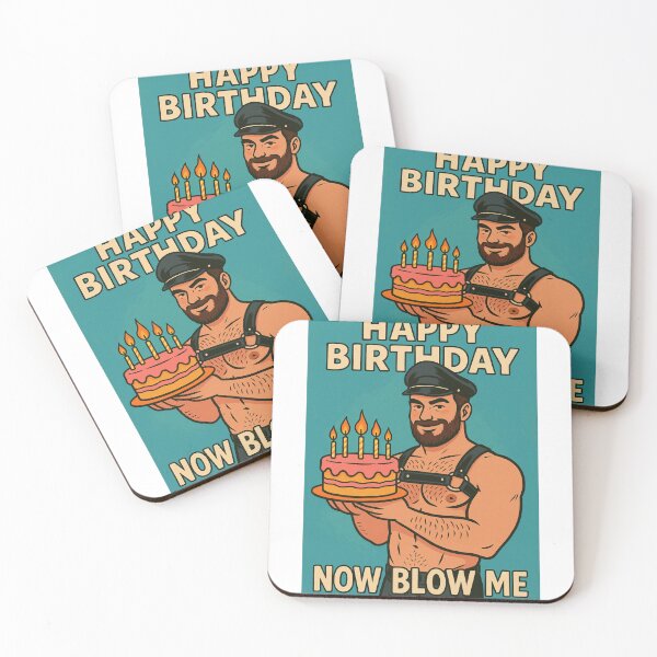 Item preview, Happy Birthday Now Blow Me – Gay Muscle Bear with Pink Cake designed and sold by Aryabek.