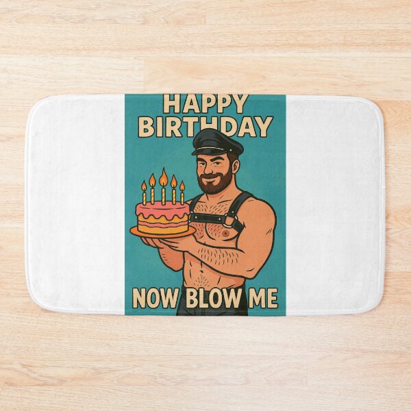 Item preview, Happy Birthday Now Blow Me – Gay Muscle Bear with Pink Cake designed and sold by Aryabek.
