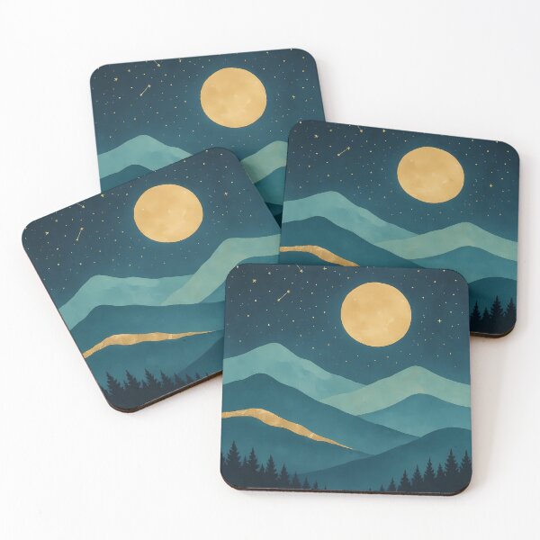 Item preview, Golden Moon Over Teal Mountains | Dreamy Night Sky Landscape Art designed and sold by DreamiCanvas.