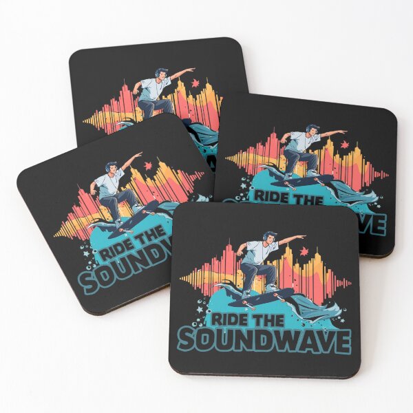 Item preview, Ride the Soundwave – skateboarder surfing on giant colorful soundwave with headphones on 4 designed and sold by Neon G.