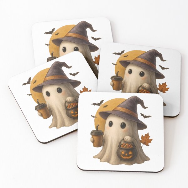 Item preview, Cute Halloween Ghost with Coffee and Candy Cauldron designed and sold by Aurora Prints.