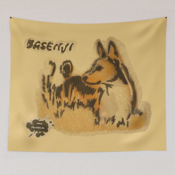 Item preview, A Basenji stands in the tall grass designed and sold by marysfarbklecks.
