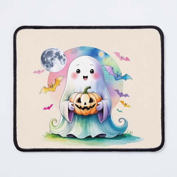 Item preview, Cute Iridescent Halloween Spooky Season Print - Cute Ghost with Bats and Pumpkin designed and sold by RSDigitalPrintDesign.
