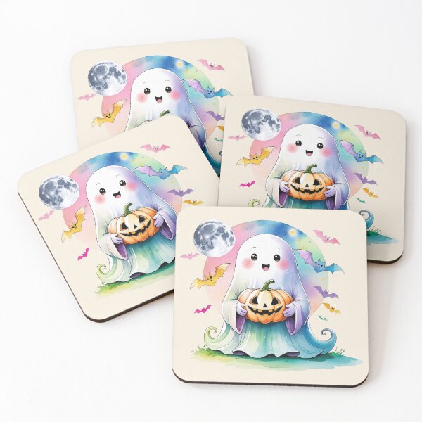 Item preview, Cute Iridescent Halloween Spooky Season Print - Cute Ghost with Bats and Pumpkin designed and sold by RSDigitalPrintDesign.