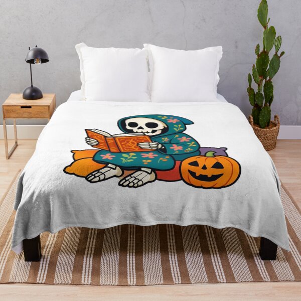 Item preview, Whimsical Skeleton Reading Book with Colorful Pillows designed and sold by RuweisVibes.