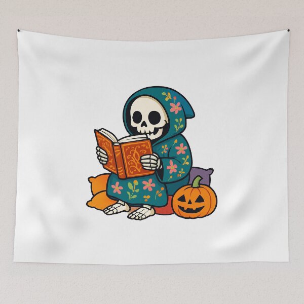 Item preview, Whimsical Skeleton Reading Book with Colorful Pillows designed and sold by RuweisVibes.