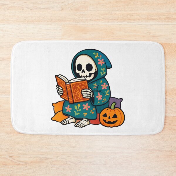 Item preview, Whimsical Skeleton Reading Book with Colorful Pillows designed and sold by RuweisVibes.