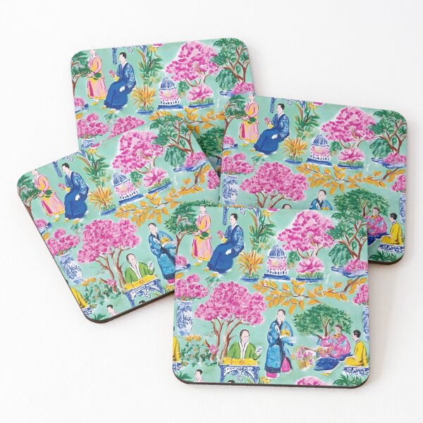 Item preview, Preppy chinoiserie court figures on turquoise designed and sold by SophieClimaArt.