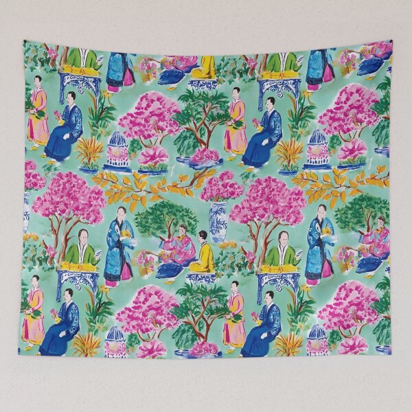 Item preview, Preppy chinoiserie court figures on turquoise designed and sold by SophieClimaArt.