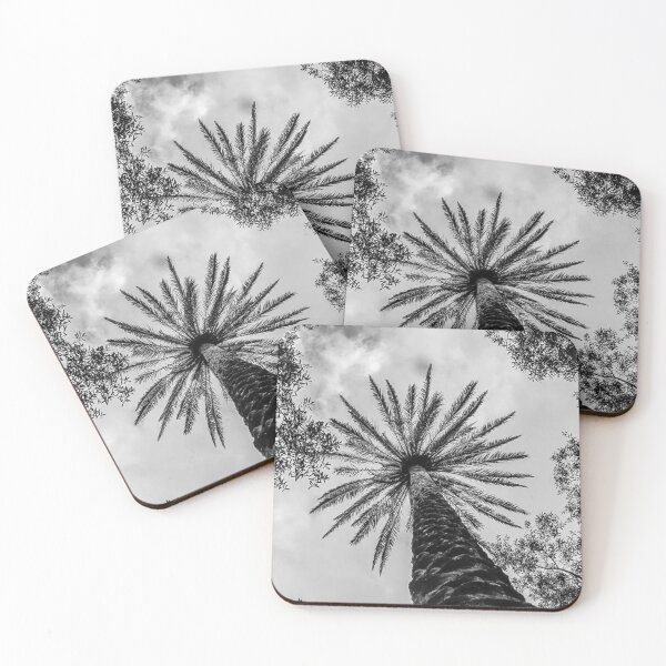 Item preview, Low Angle View Of A Palm Tree Canopy Surrounded By Trees In Black And White designed and sold by Nmallia.