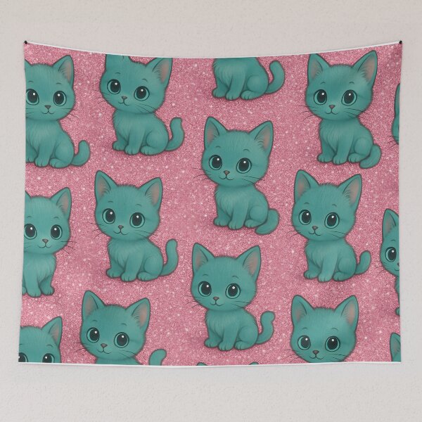 Item preview, Teal Cats on Pink Glitter Seamless Pattern designed and sold by SassyArtistry.