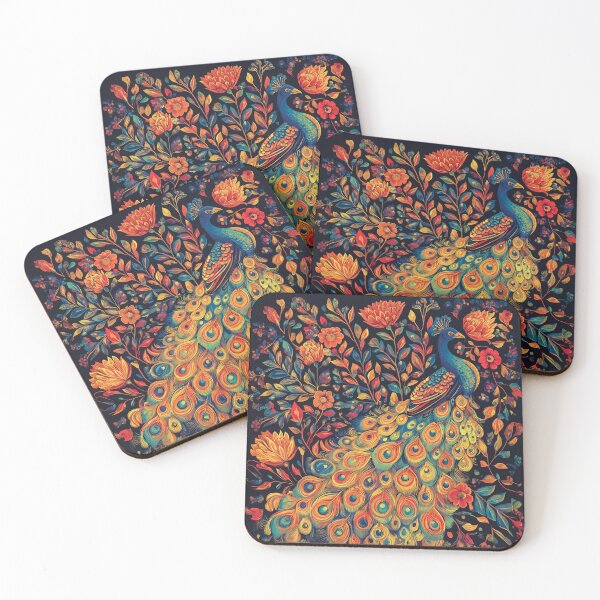 Item preview, Highly Detailed Design of a Colorful Exotic peacock on a Dark Navy Blue Background with Flowers. designed and sold by HEMRO.