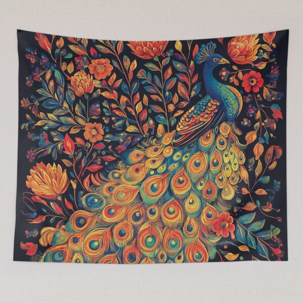 Item preview, Highly Detailed Design of a Colorful Exotic peacock on a Dark Navy Blue Background with Flowers. designed and sold by HEMRO.