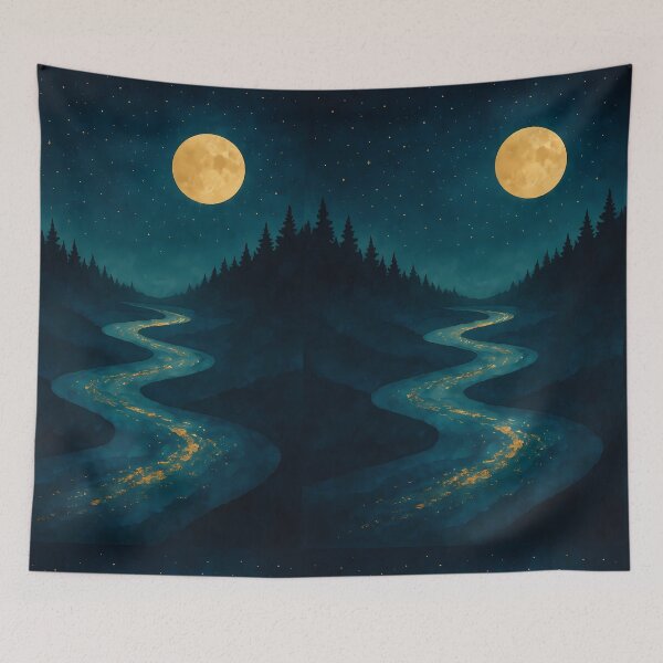 Item preview, Winding Golden River Under the Full Moon | Dreamy Nightscape Art designed and sold by DreamiCanvas.