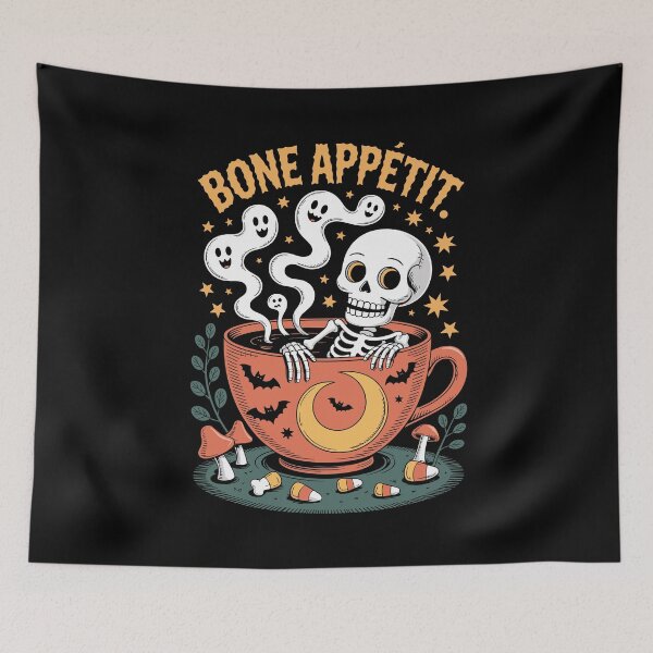 Item preview, Bone-a-fide Brew: A whimsical Halloween scene where a skeleton luxuriates in a massive teacup designed and sold by Grang Art Artistic Designs.