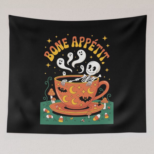 Item preview, Tranquil Bones: A whimsical Halloween scene where a skeleton luxuriates in a massive teacup designed and sold by Grang Art Artistic Designs.