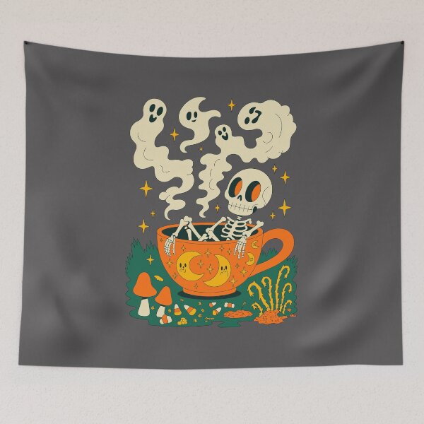 Item preview, Teacup of Eerie Elegance: A whimsical Halloween scene where a skeleton luxuriates in a massive teacup designed and sold by Grang Art Artistic Designs.