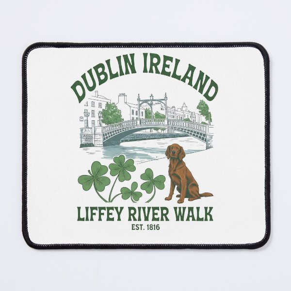 Item preview, Dublin Ireland Liffey River Walk with Irish Setter & Shamrock Vintage Travel Art designed and sold by LittleArij.