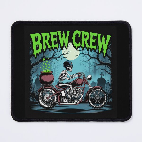 Item preview, The Brew Crew Rides: A cool skeleton biker speeds along on a chopper with a bubbling cauldron strapped to the back. For the Halloween Festive Season designed and sold by Camel & Quirk.