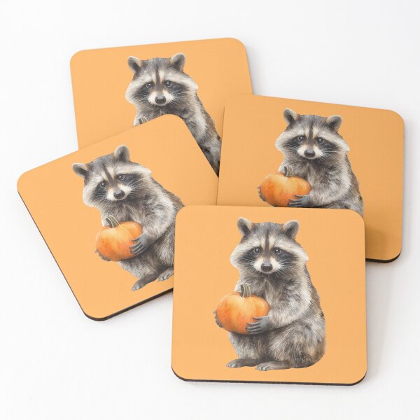 Item preview, Sitting Raccoon Holds a Small Orange Pumpkin designed and sold by Violet Peonies.