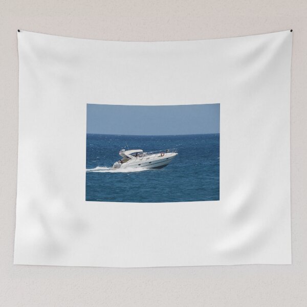 Item preview, White Motorboat Cruising Across Deep Blue Sea on a Sunny Day for Leisure and Travel designed and sold by Nmallia.