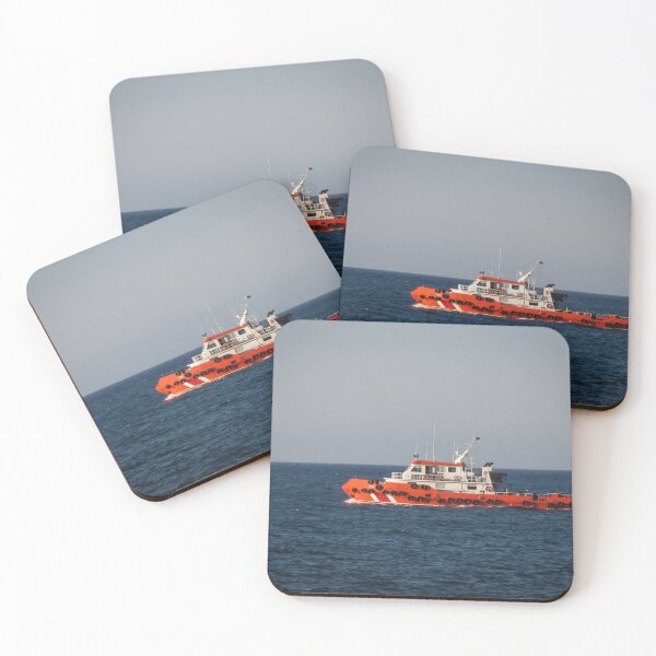 Item preview, Red Tugboat Skimming Calm Ocean Waters With Deck Equipment And Antennas In Bright Light designed and sold by Nmallia.