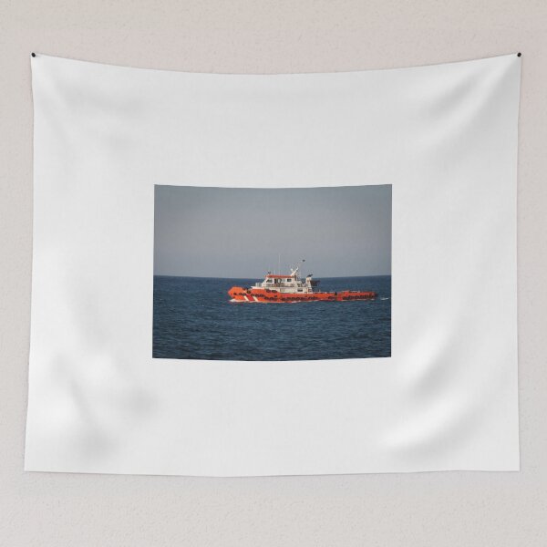 Item preview, Red Tugboat Skimming Calm Ocean Waters With Deck Equipment And Antennas In Bright Light designed and sold by Nmallia.