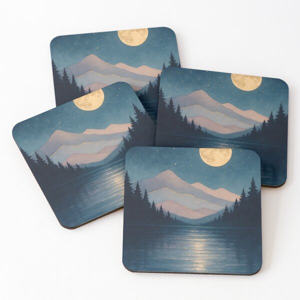 Item preview, Over Lavender Peaks | Golden Moonlit Mountain Nightscape Art designed and sold by DreamiCanvas.