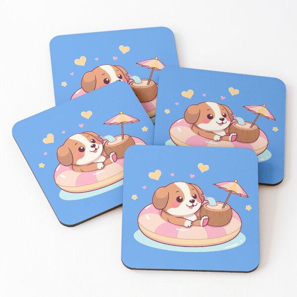 Item preview, Cute Dog on Swim Ring with Coconut Drink – Kawaii Summer Illustration designed and sold by Tidarat-27.