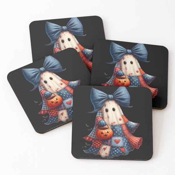 Item preview, Colorful Patchwork Ghost with Denim Bow – Cozy Cottagecore Halloween Art designed and sold by CRAZY&ART.