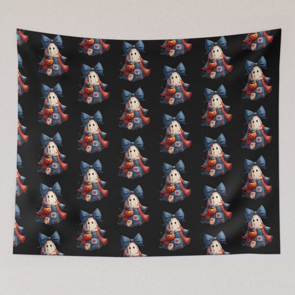 Item preview, Colorful Patchwork Ghost with Denim Bow – Cozy Cottagecore Halloween Art designed and sold by CRAZY&ART.