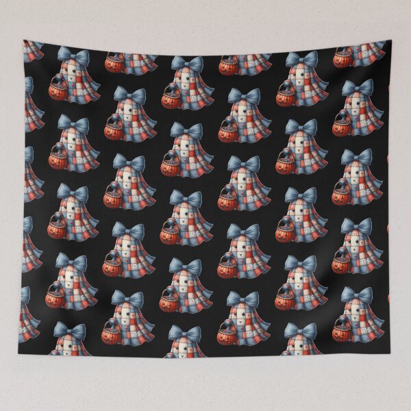 Item preview, Cozy Patchwork Ghost with Denim Bow and Pumpkin Basket – Vintage Country Halloween designed and sold by CRAZY&ART.