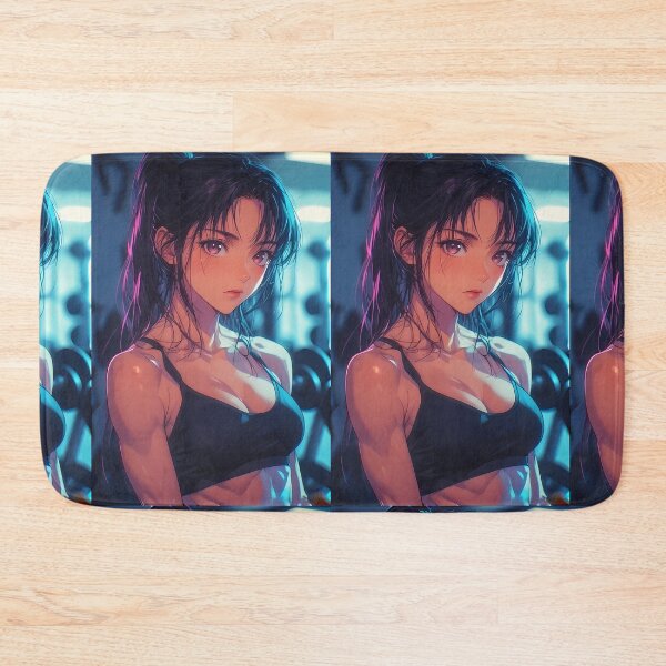 Aperçu de l'œuvre Une belle femme en forme d'anime dans une salle de sport sombre, vêtue d'un soutien-gorge de sport noir, mettant en valeur des bras toniques. créée et vendue par Innercosmic.