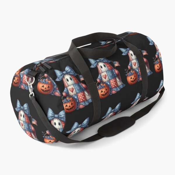 Item preview, Vintage Patchwork Ghost with Denim Bow and Pumpkin Basket – Cozy Halloween Art designed and sold by CRAZY&ART.