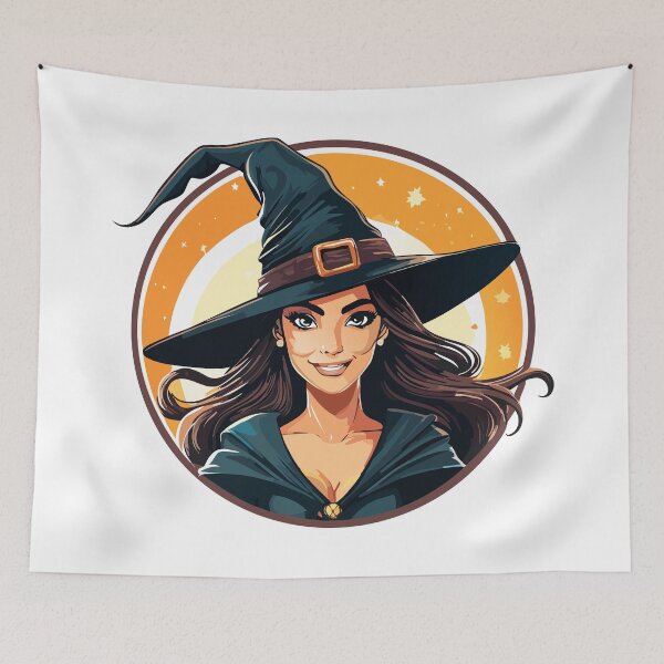 Item preview, Cartoon halloween witch portrait, Mysterious colors portrait illustration of a witch with a hat, perfect for Halloween and fantasy designs, Charming Witch Girl in Cloak and Hat designed and sold by Danler.