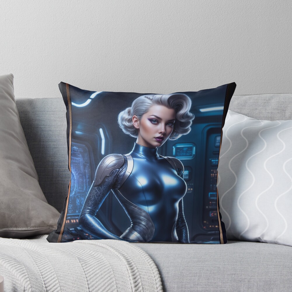 Retro-Futuristic Platinum Blonde Pinup Girl Lazahra Severina Mesmerizing AI Concept Art by Xzendor7 Decorative Art Print Throw Pillow