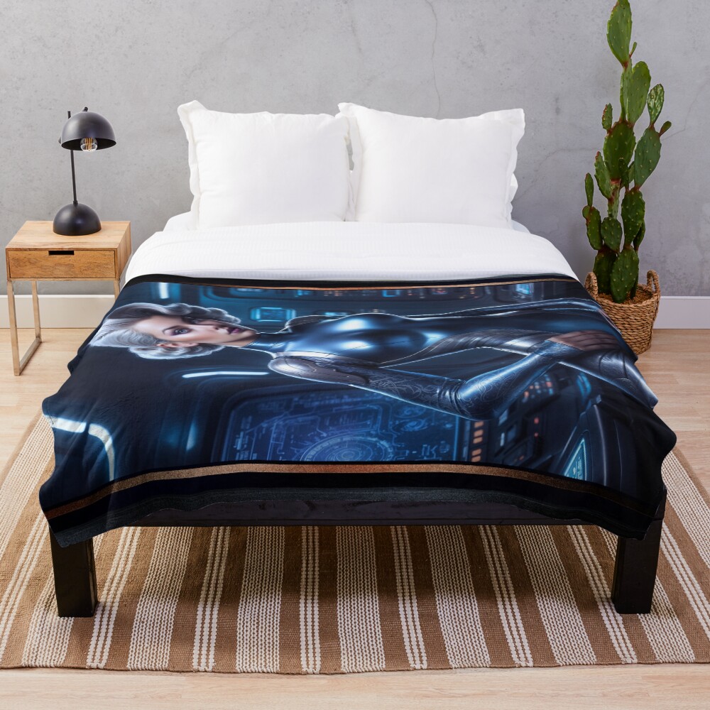 Retro-Futuristic Platinum Blonde Pinup Girl Lazahra Severina Mesmerizing AI Concept Art by Xzendor7 Decorative Art Print Throw Blanket