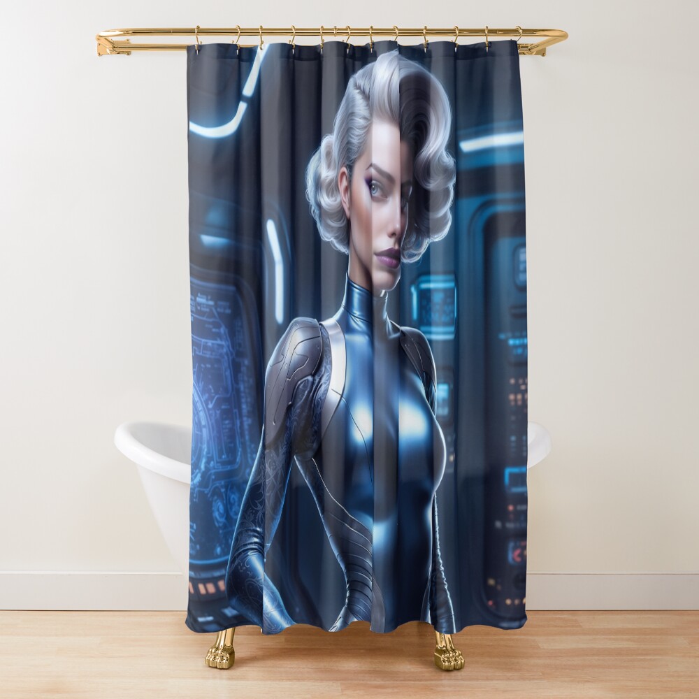 Retro-Futuristic Platinum Blonde Pinup Girl Lazahra Severina Mesmerizing AI Concept Art by Xzendor7 Decorative Art Print Shower Curtain