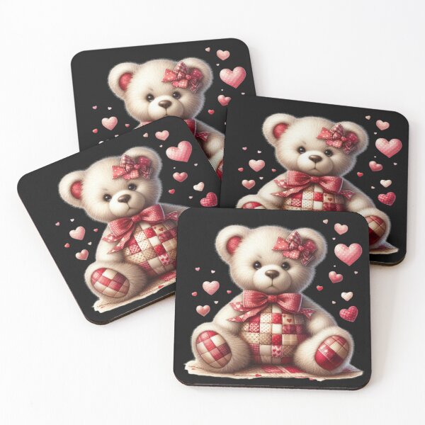Item preview, Patchwork Teddy Bear with Floating Hearts – Cute Handmade Digital Ink Painting designed and sold by CRAZY&ART.
