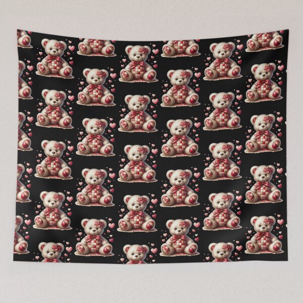 Item preview, Patchwork Teddy Bear with Floating Hearts – Cute Handmade Digital Ink Painting designed and sold by CRAZY&ART.