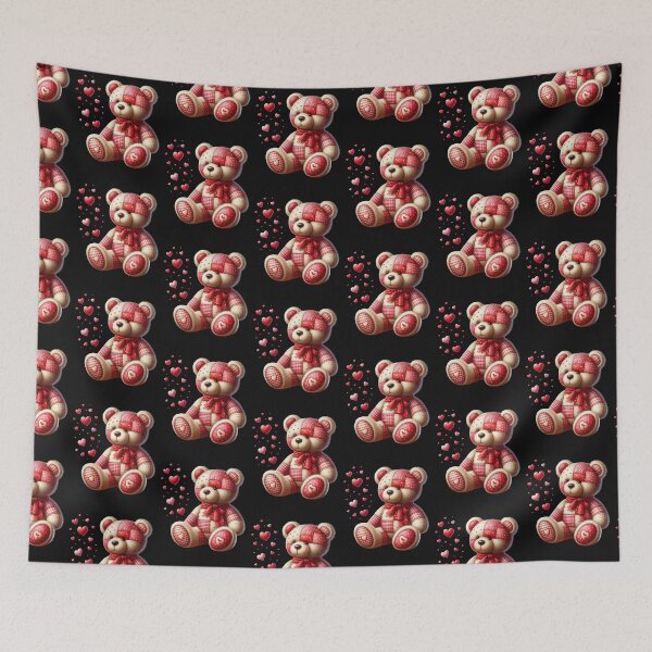 Item preview, Patchwork Teddy Bear with Floating Hearts – Cute Handmade Digital Ink Painting designed and sold by CRAZY&ART.