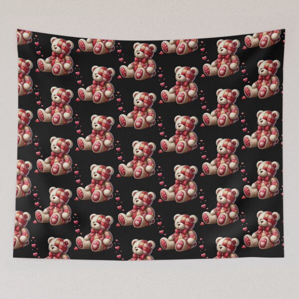 Item preview, Patchwork Teddy Bear with Floating Hearts – Cute Handmade Digital Ink Painting designed and sold by CRAZY&ART.