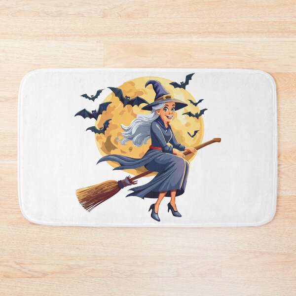 Item preview, Illustration of a old witch flying on a broomstick for halloween or fantasy themes, cartoon girl dressed as a witch flying on a broomstick, Witch flying on a broomstick and bats,  designed and sold by Danler.
