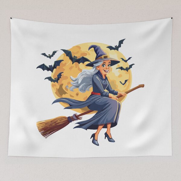 Item preview, Illustration of a old witch flying on a broomstick for halloween or fantasy themes, cartoon girl dressed as a witch flying on a broomstick, Witch flying on a broomstick and bats,  designed and sold by Danler.