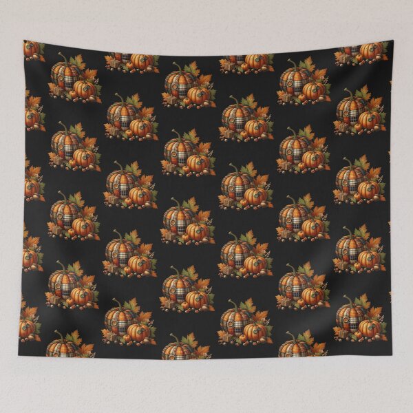 Item preview, Plaid Patchwork Pumpkins with Autumn Leaves – Rustic Farmhouse Digital Ink Painting designed and sold by CRAZY&ART.
